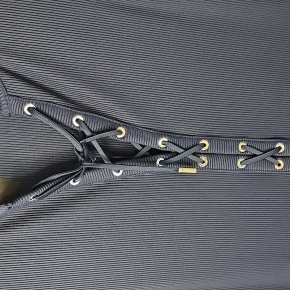 WHBM FORME Rib Bodycon Dress Sophisticated Leisure Elegant Nautical Navy w Tie - Picture 3 of 15